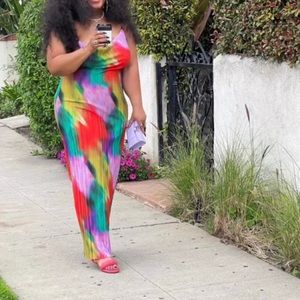 Gently Worn Plus Multi Printed Plisse Cowl Neck Maxi Dress